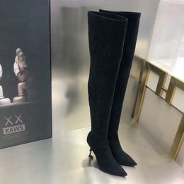 Stivali da donna Stivali sopra il ginocchio Lacci S Supporto per lettera in metallo Tacco alto Scarpe casual Fondi in vera pelle Moda Cashmere elastico Marchio da donna di lusso