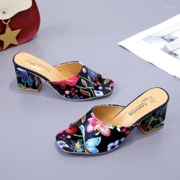 Slippers Brand Elegant Print Chunky Heels Summer Women's Shoes Woman Sandals Leisure Comfortable Open Toe Slip-On Slidesfh789
