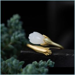 Cluster Rings Cluster Rings Natural Hetian White Magnolia Flower Opening Adjustable Ring Chinese Retro Unique Ancient Gold Craft Wom Dhv7I