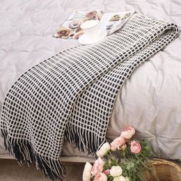 Blankets Nordic Navy Blue Single Sofa Cover Blanket Ins Knitting Waffle Tassel Lunch Both Sides Can Be Used Tapestry