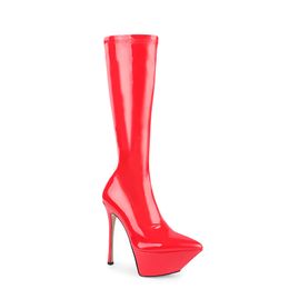 2022 new style lady women Knee Boots patent sheepskin leather Fashion high heels pointed pillage toe Knight booties Casual party Dress shoes platform zip size 34-45