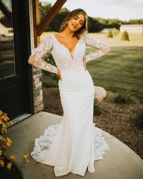 Stella Bridal Wedding Dress 2023 Sheer Illusion Lace Long Sleeves Sexy Mermaid vestidos de novia Court Train robe de mariee V-Neckline Backless Soft Crepe