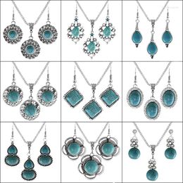 Necklace Earrings Set LE ERH-L104C Turquoises Round Dome Green Stone Dangle Pendant Party Women Jewellery