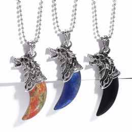 Mens Wolf Teeth Pendant Necklaces Personality Retro Exaggerated Natural Stone Opal Amethyst Unakite Onyx Green Aventurine Tiger Eye Silver Chain Jewlery for Women