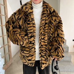 Men's Fur Faux Fur Boys Retro Loose Furry Faux Fur Coat Male Tiger Stripe Leopard Print Harajuku Style Jacket Oversize Man Casual Winter Outerwear T221102