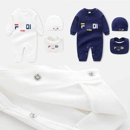 Kids Designer Clothing Newborn Baby Rompers Three-Piece Hat Scarf One-Piece Suit 0-2Y Boys Girls Clothes Cartoon 100% Cotton Long Sleeve Jumpsuits