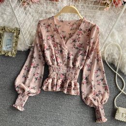 Women's Blouses Spring Style Waist Slimming Short Blouse Female Temperament Lotus Leaf Swing BlusaV Neck Puff Sleeve Chiffon Shirt C865