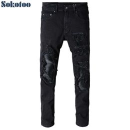 Men's Jeans Sokotoo Men's black patchwork slim fit stretch denim biker jeans for motorcycle Casual skinny patch ripped distressed pants T221102