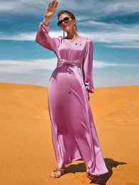 Ethnic Clothing Satin Abaya Arab Long Dress Women Rhinestones Belted Ramadan Muslim Party Dresses Islam Dubai Turkish Modest Abayas Evening