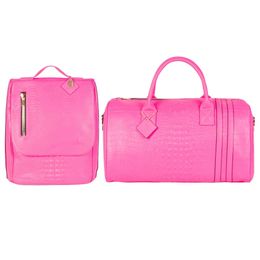 Custom Croc Leather Neon Pink Women Duffel Weekender Travel Bag and Backpack Set