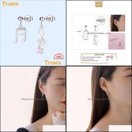 Stud Stud Trustdavis Real 925 Sterling Sier Fashion Asymmetric Music Notation Cz Earrings For Women Valentines Day Jewellery H090 Drop Dh1Pz