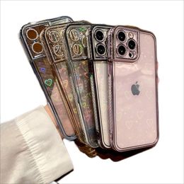 Diamond Bling Soft Love Heart Cases Electroplating Laser TPU Camera Protection Shockproof Transparent Clear For iPhone 14 13 12 11 Pro Max Mini XR XS X 8 7 Plus