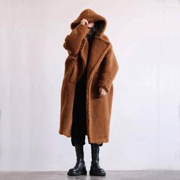 Women's Fur 2022 Women Faux Coat Long Oversized Jacket Hat Collar Thick Warm Fashion Teddy