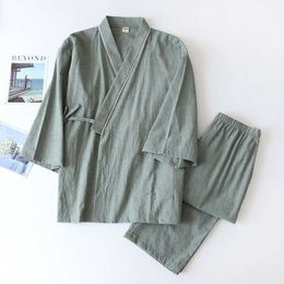 Erkek Placowear Bahar/Sonbahar Japon Kimono Pijamalar Erkek Erkek İnce Dokuzuncu Kollu Üst Pantolon Gevşek İki Parçalı Homewear T221103