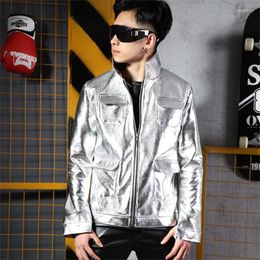 Men's Jackets Silver PU Jacket Men Casual Clothes Mens Cool Leather Coats Multi-pocket Masculina Chaqueta Hombre Casaco Masculino