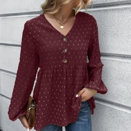 Women's Polos Women Lantern Long Sleeve Chiffon Blouse Sexy V-Neck Swiss Dot Lace Splicing Flowy Shirts Solid Colour Loose Pleated Pullover
