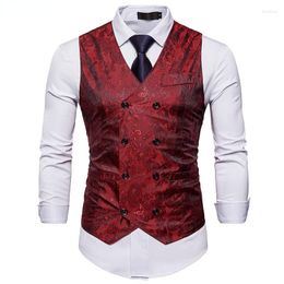 Men's Vests Men's Red Paisley Double Breasted Vest Slim Fit Formal Business Sleeveless Waistcoat Men