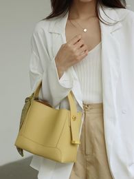 Evening Bags Yellow Fashion Simple Bucket Bag Big Genuine Leather Women Lady Shoulder Real Crossbody High Capacity