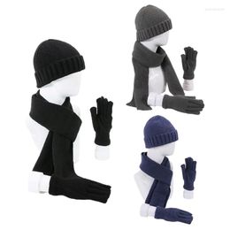 Berets Men Women Winter 3 Pieces Beanie Hat Long Scarf Gloves Set Solid Colour Knitted Cuffed Skull Cold Weather Windproof Neck