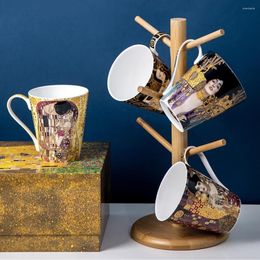 Tazas Famosas Gustav Klimt Pintura Cerámica de China Bone Coffee Taza 410 ml Leche de té Bebido de copa hermosa para amigos