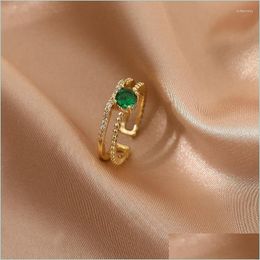 Cluster Rings Cluster Rings Vintage Copper Material Green Zircon Ring Double Layer Opening For Women Luxury Trendy Fashion Jewellery G Dhyia