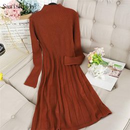 Casual Dresses Autumn Winter Women Half-high Collar Long Sweater Dress Solid Knitted Female Sleeve Pleated Vestidos S868