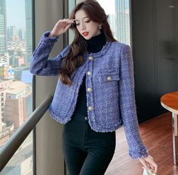 Women's Jackets 2022 Autumn Winter Purple Plaid Woollen Outerwear High Quality Women O Neck Single Breasted Tweed Tassel Short Jacket Coats