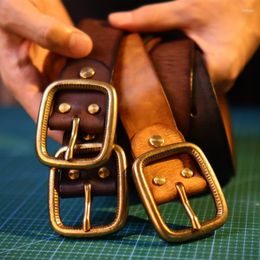 Belts Designer Belt Men Luxury Real Full Grain Thick Cowhide Brass Buckle Genuine Leather Vintage 3.8cm Soft