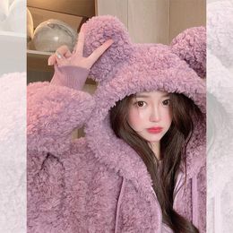 Women's Fur Women Winter Coat 2022 Cute Bear Ears Furry Velvet Padded Jacket Lady Loose Imitation Lamb Purple Overcoat