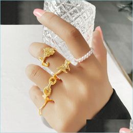 Cluster Rings Cluster Rings Bohemia Flowers Butterfly Knuckle Ring Set Womens Vintage Metal Pearl Chain Geometric Joint 2022 Trendy Dhg1M