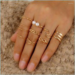 Cluster Rings Cluster Rings Pcs/Set Minimalist Round Cross Twist Wave For Women Fashion Geometric Pearl Finger Ring Set Bijoux Femme Dhvbm