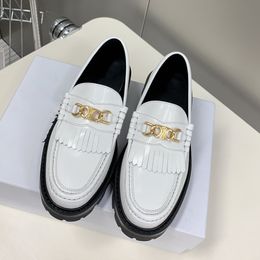 White MARGARET shoes Triomphe golden chain fringed loafers Genuine calfskin leather slip on flats women's Luxury Designers flat Dress shoe ladies factory footwear