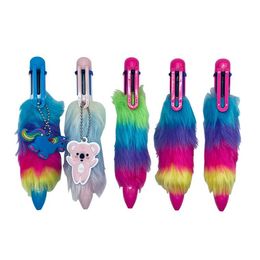 Rainbow Plush Fur Ballpoint Pens 6 in 1 Fluffy Retractable Writing Pens Birthday Holiday Party Gift for Girls Women Kids School Office Classroom Reward