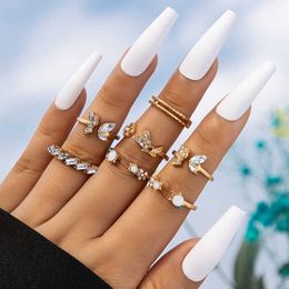 Jewelry Butterfly Diamond Open Ring Set Geometric Alloy Luxury Seven Piece Ring Set