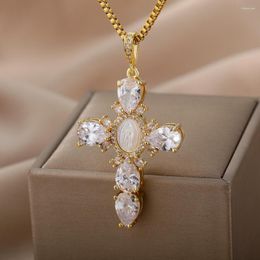 Chains Luxury White Crystal Zircon Cross Necklace For Women Choker Charm Virgin Mary Pendant Box Chain Female Jewellery Collier Femme