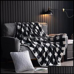 Blankets Home Textiles Garden Plaid Flannel Throw Blanket With Pom Pomsblack White Chequered Soft Plush Microfiber For Otrwn