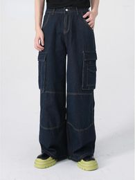 Men's Jeans ZCSMLL Men's Cargo Autumn Korean Fashion Large Pocket Straight Solid Colour Wide Leg Pants High Street Trousers