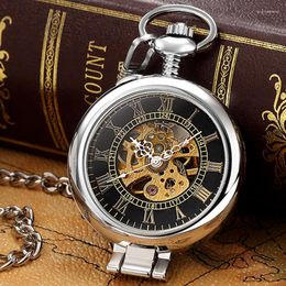 Pocket Watches Transparent Automatic Mechanical Watch Roman Numerals Clock Men Women Luxury Silver Cover Chain Relogio De Bolso