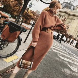 Casual Dresses 2022 Winter Female Sweater Dress Women Pullover Turtleneck Long Sleeves Warm Slim Knitted With Belt High Elastic