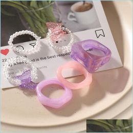 Cluster Rings Cluster Rings Fashion 6Pcs/Set Acrylic Colorf Ring Set For Women Heart Flower Yinyang Oil Gift Jewelrycluster Brit22 D Dhdys