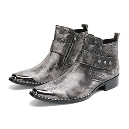 Botas Winter Designer Rivets Zipper Genuine Leather Cowboy Short Boots Plus Size Casual Party Dress Shoes Men Ankle Boots