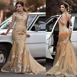 Sexy Arabic Evening Dresses Wear Gold High Neck Illusion Sequined Lace Appliques Crystal Beads Mermaid Hollow Back Custom Prom Robe De Marrige Gowns 403