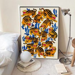 Canvas Painting Wall Art Blue Plant Animal Lion Tiger Leopard Posters and Prints Wall Pictures for Living Room Decoration Home Decor Frameless