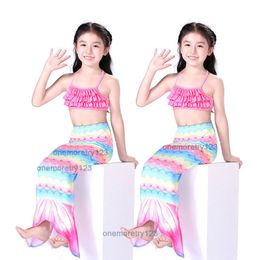 Girls Two Piece Mermaid Swimsuit Purple or Rainbow Mermaids Tail Suspender Bikini Set 2-10T Kids Princess Swimwear 2 Style