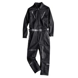 Men's Jeans Men's long sleeve zippers pockets cargo jumpsuits with belt Casual trendy pants set Overalls Grey Black T221102