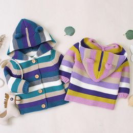 Jackets Infant Kids Baby Boys Girls Hooded Cardigan Coat Autumn Winter Long Sleeve Stripe Knit Children&#39;s