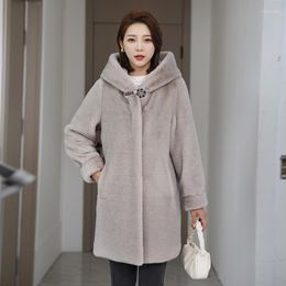 Women's Fur Imitation Coat Women Temperament Winter Fashion Hooded Mink Jacket Female Mid-Length Overcoat Loose Outerwear H2593