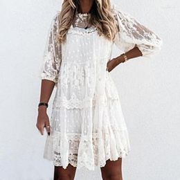 Casual Dresses Dress Female Beach Vestidos Crew Neck 3/4 Sleeve Ruffle Hem Women Crochet Embroidery Lace Mesh Stitching Mini