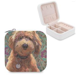 Jewelry Pouches Lucky Labradoodle Storage Box Mini Leather Double Layer Organizer For Jewellery Travel Case Golden