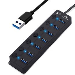 Power Cable Plug 7 Port USB30 Adapter Portable USB Multiport USB 30 Ports Hub with Switches LED Converter 5Gbps Data Transfer for Laptop PC 221103